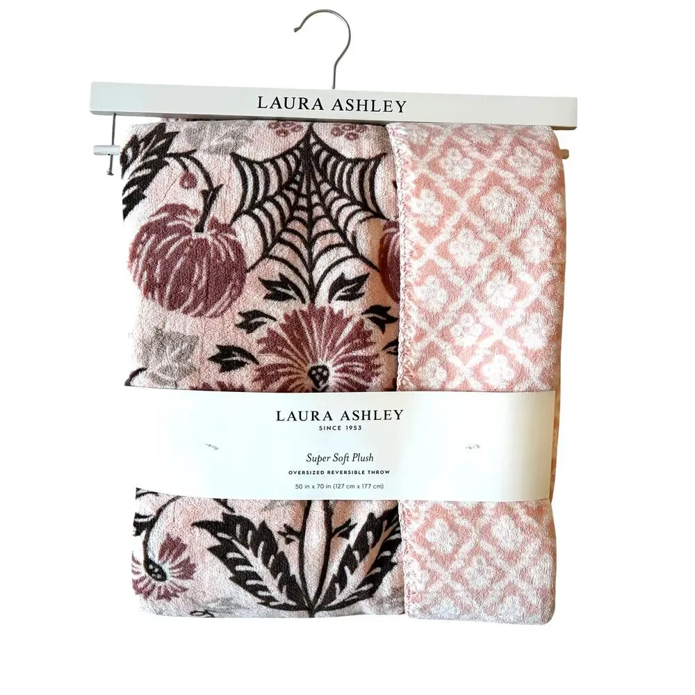 Laura Ashley Oversized Reversible Throw 50x70 Plush Peach Floral Fall Blanket